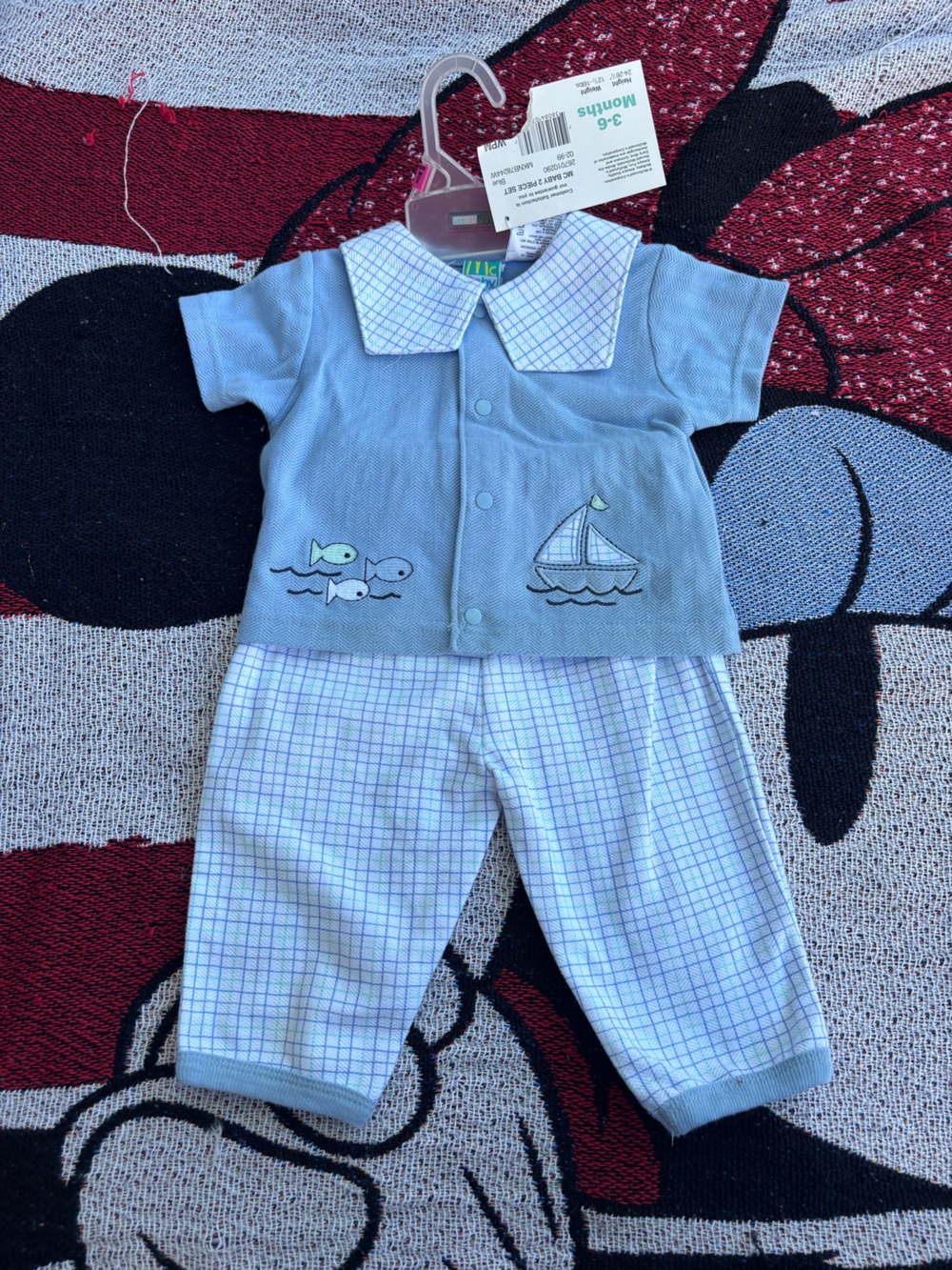 VINTAGE NWT MCBABY BLUE SAILBOAT FISH NAUTICAL TWO PIECE OUTFIT SIZE 3/6 MONTHS